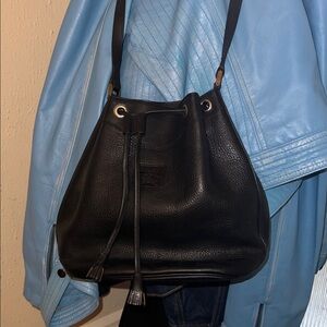 Burberrys Pre-1999 Black Leather Drawstring Bag